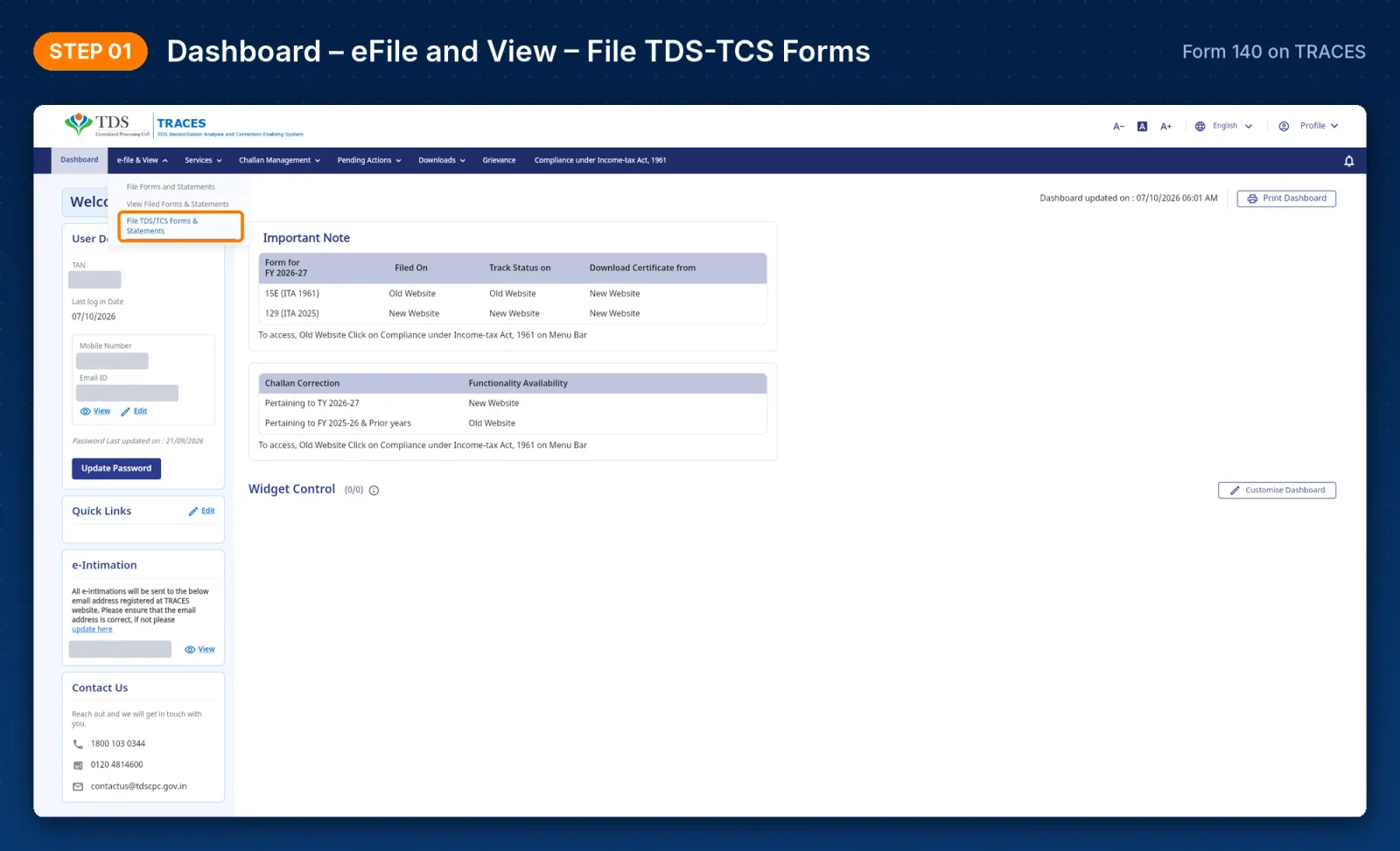 TRACES Form 140 – e-file & View menu with File TDS/TCS Forms & Statements option
