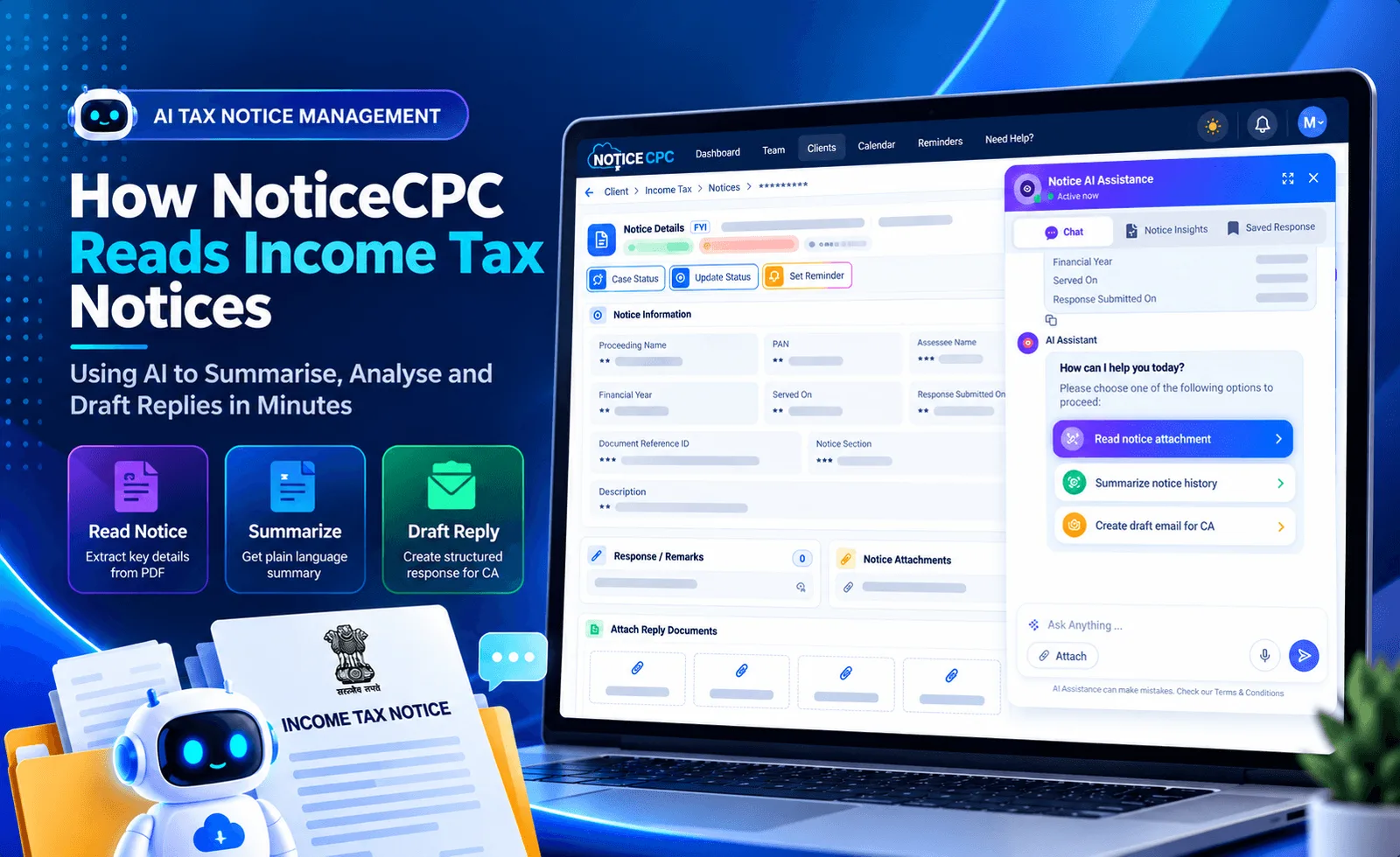 AI reading an Income Tax notice in NoticeCPC and drafting a reply