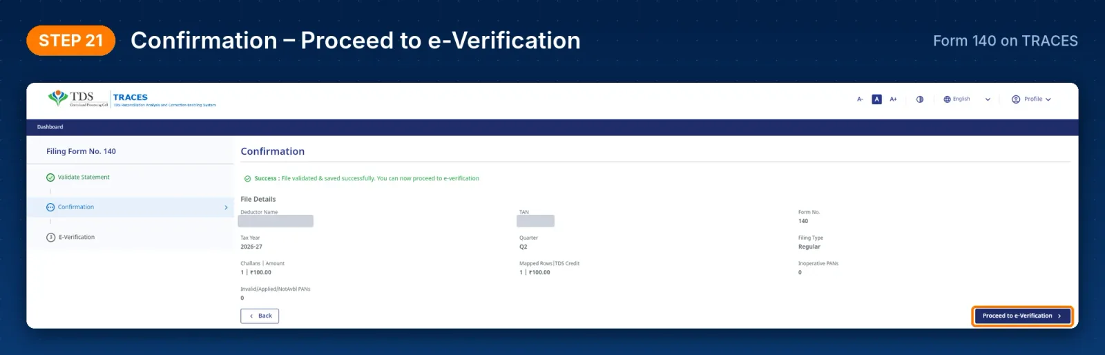 TRACES Form 140 – statement confirmation before e-verification