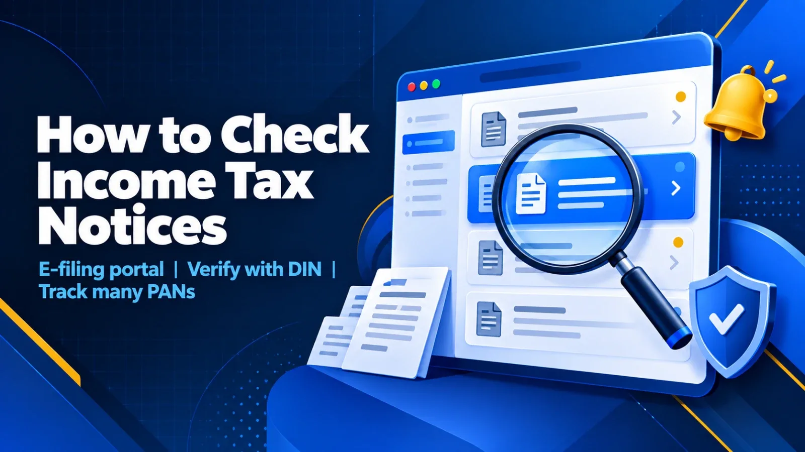 Illustration of a portal window listing income tax notices, one highlighted under a magnifying glass, with the title How to Check Income Tax Notices