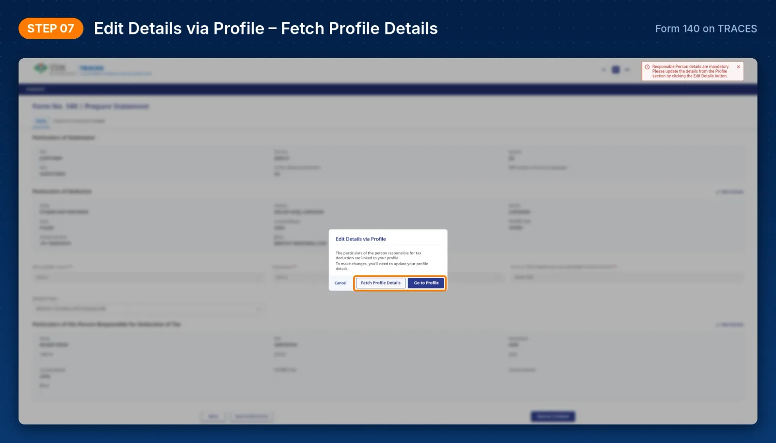 TRACES Form 140 – Fetch Profile Details and Go to Profile options