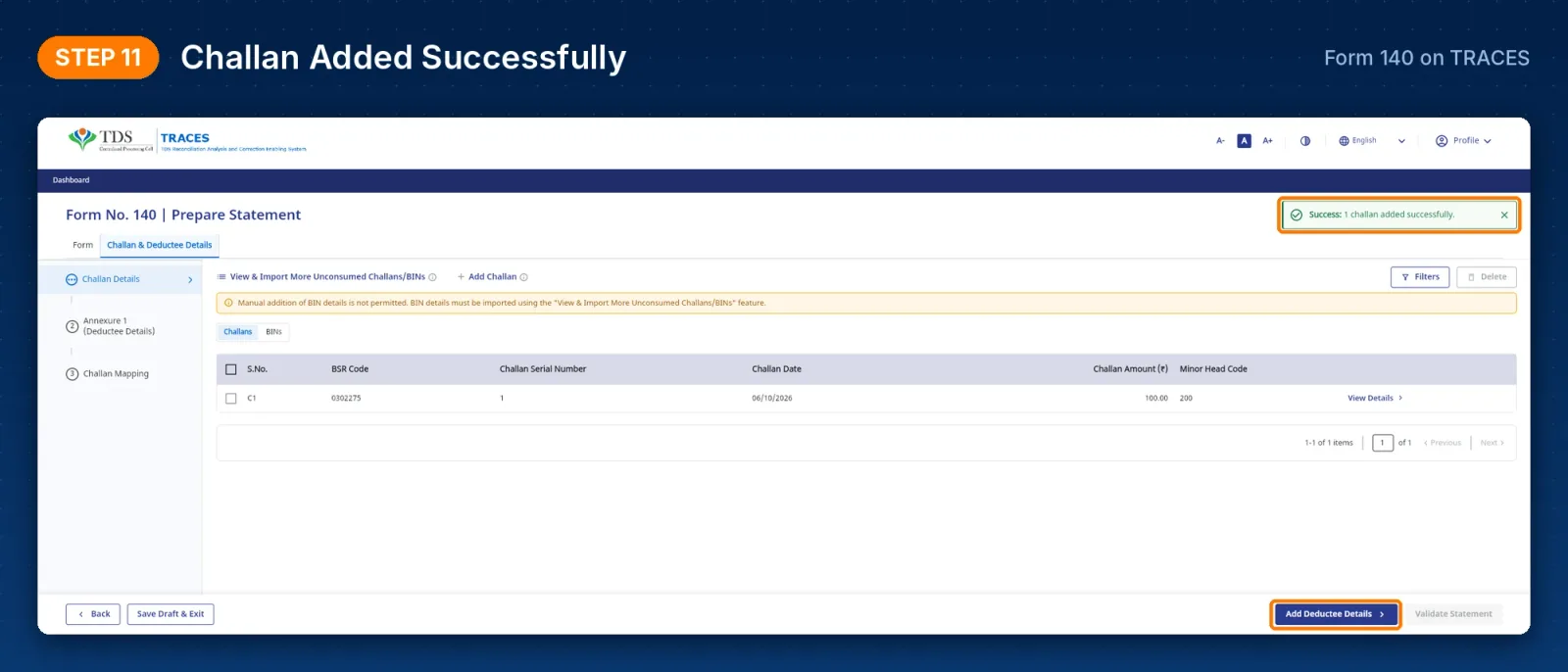 TRACES Form 140 – challan added successfully message