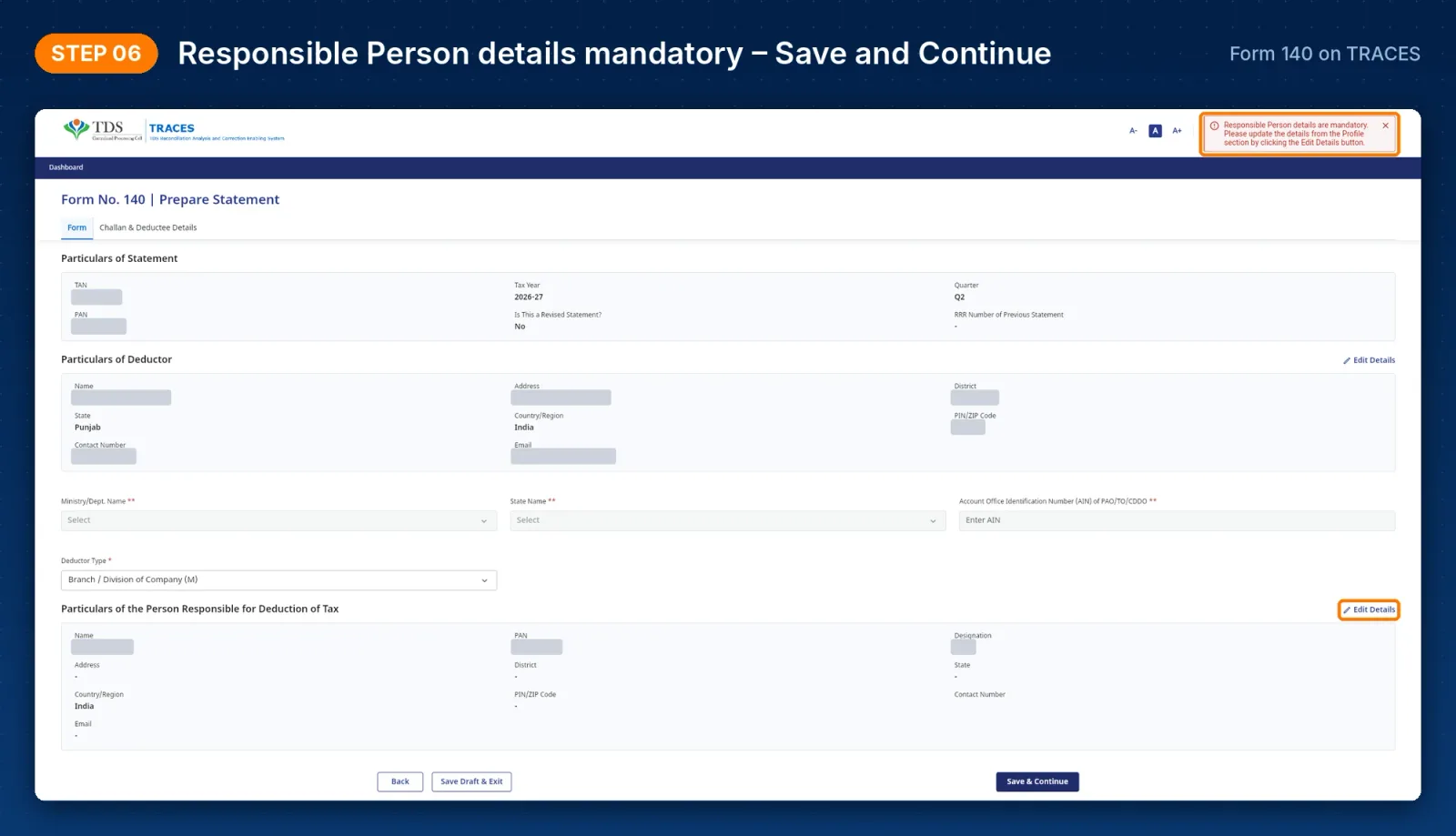 TRACES Form 140 – Responsible Person details mandatory error with Edit Details button