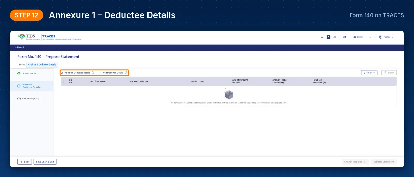 TRACES Form 140 – Annexure 1 deductee details with bulk and single entry options