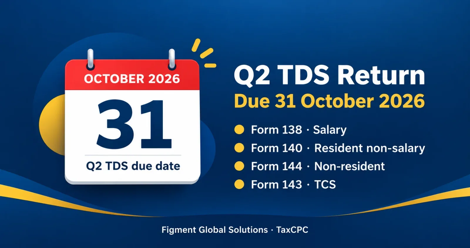 Calendar showing Q2 TDS return due date 31 October 2026 with TDS return forms 138, 140, 144 and 143 checklist