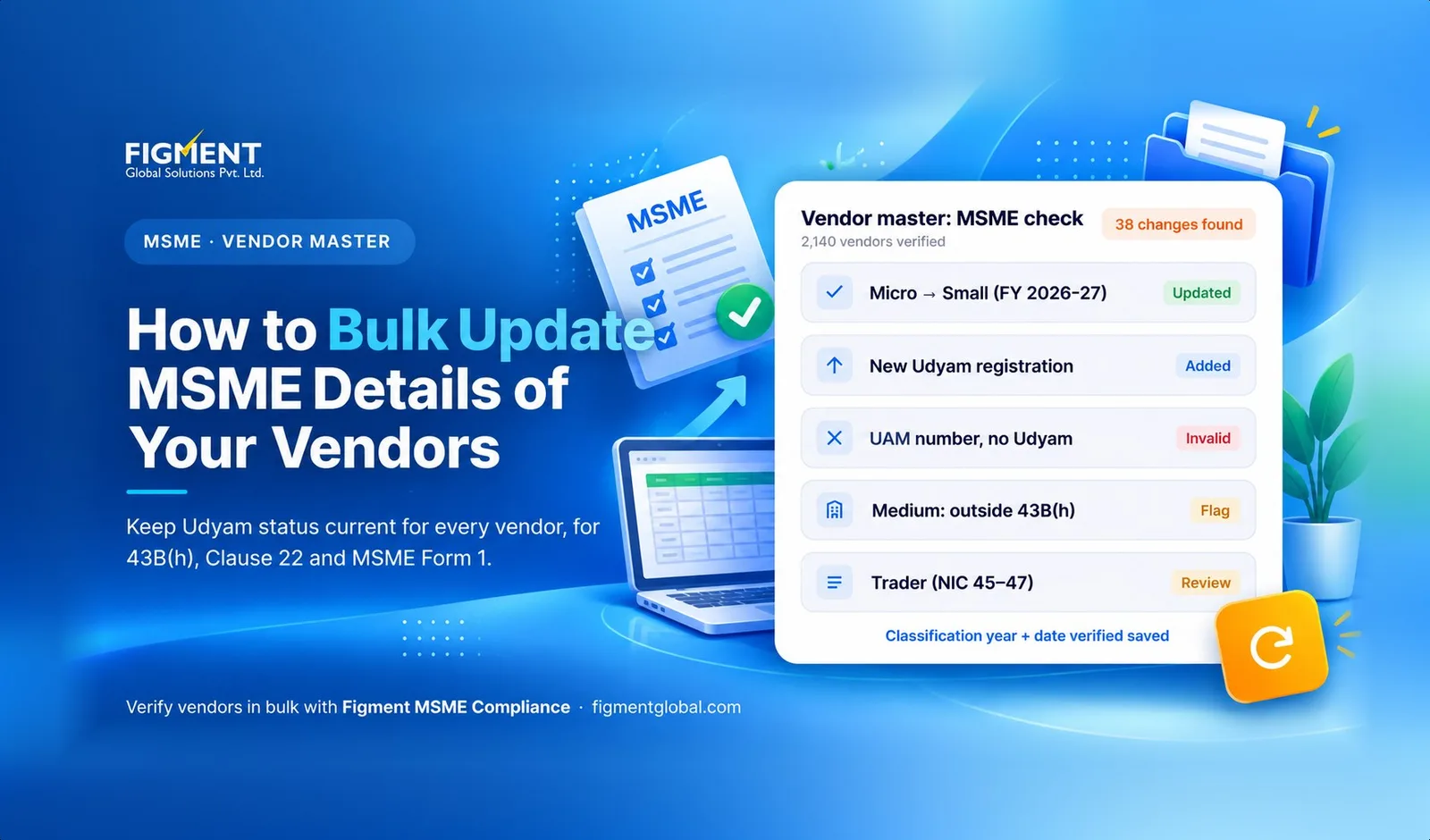 Bulk update of MSME vendor details showing Udyam status changes in a vendor master