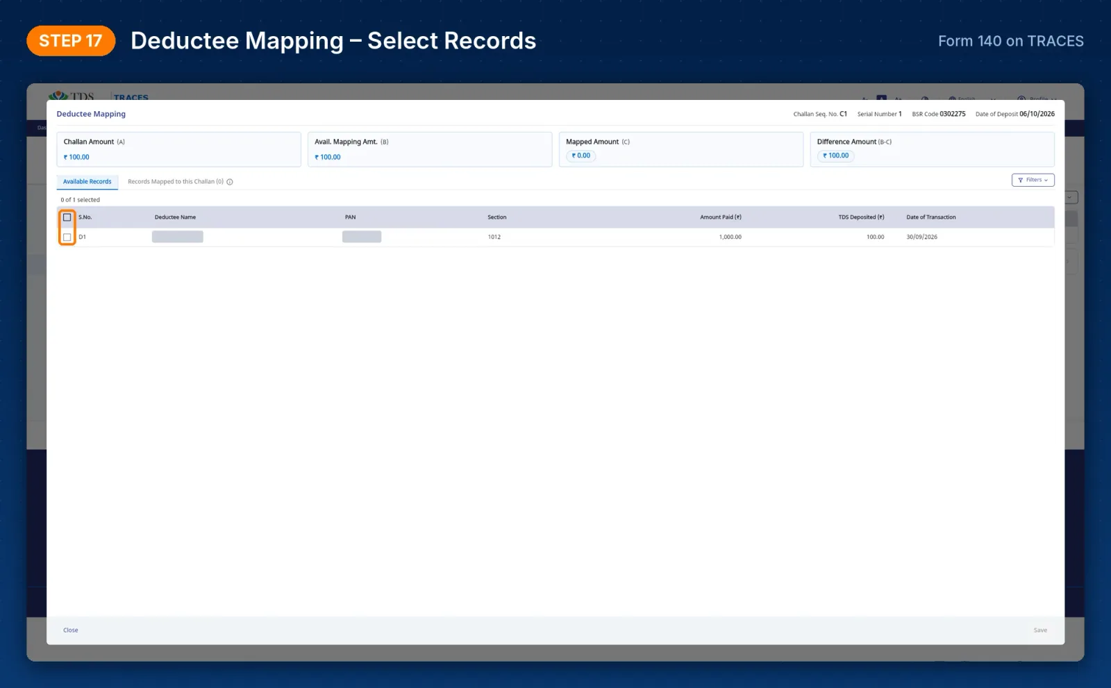 TRACES Form 140 – Deductee Mapping screen to select deductee records