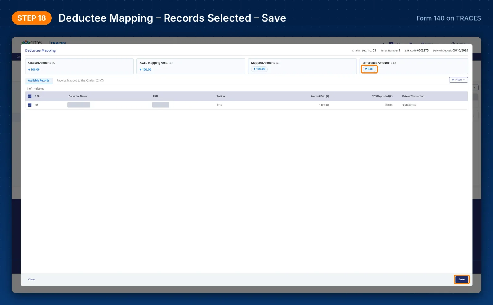 TRACES Form 140 – Deductee Mapping with difference amount ₹0.00 and Save button