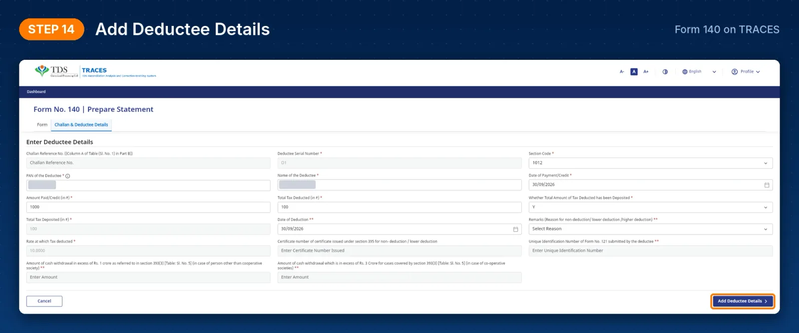 TRACES Form 140 – Enter Deductee Details form with PAN, section code and TDS amount