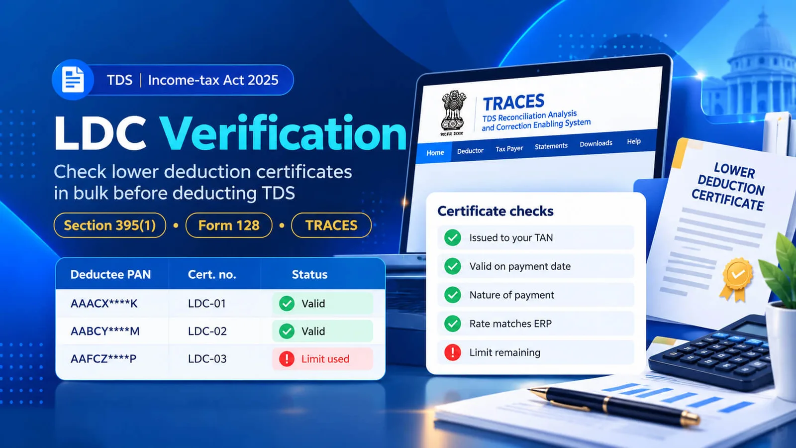 LDC verification checklist showing lower deduction certificate number, TDS rate, validity period and remaining limit for each deductee