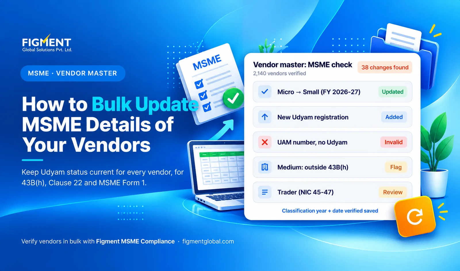 Bulk update of MSME vendor details showing Udyam status changes in a vendor master