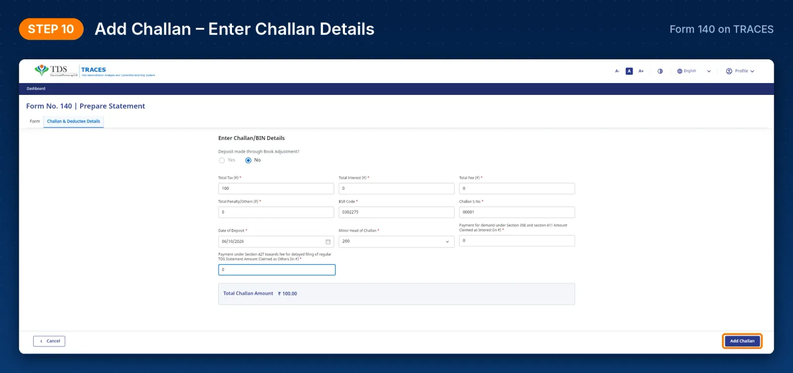 TRACES Form 140 – Add Challan form with tax, BSR code, challan serial number and deposit date