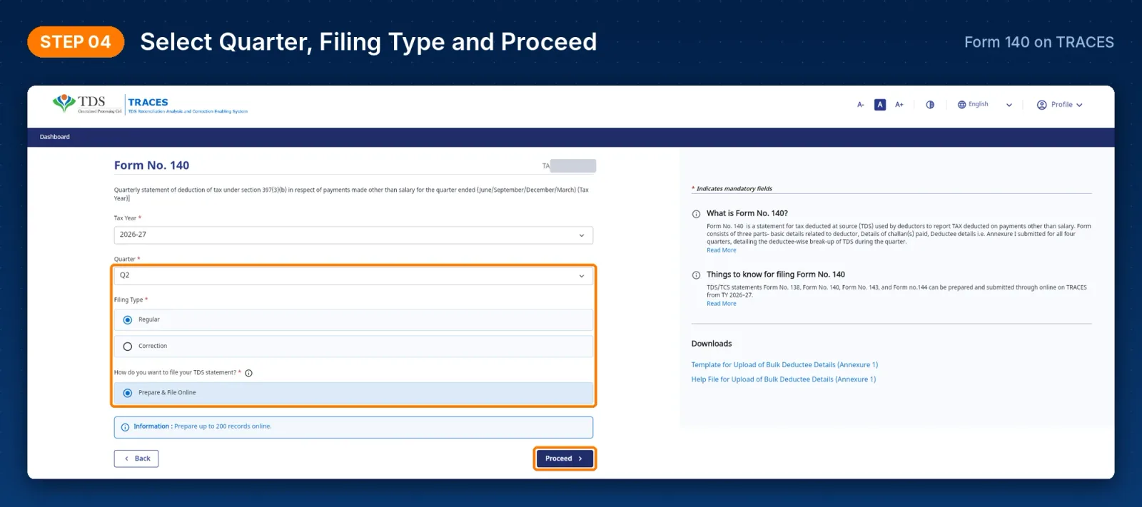 TRACES Form 140 – selecting quarter Q2, regular filing type and Prepare & File Online
