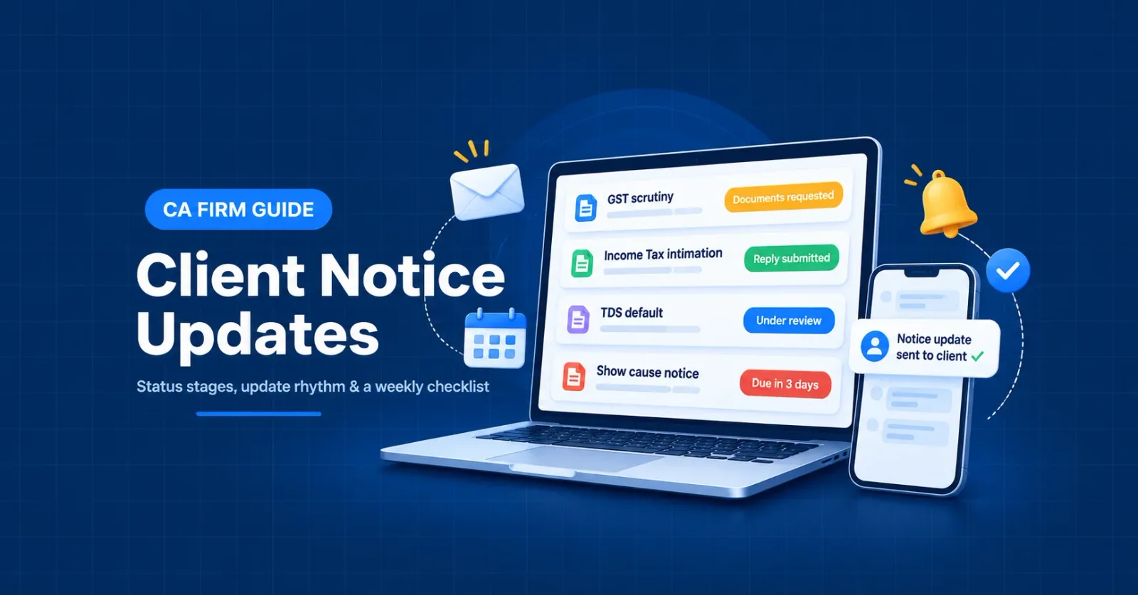 CA firm dashboard showing client notice updates with status stages for GST, Income Tax and TDS notices