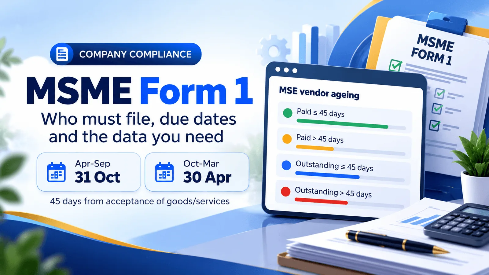 MSME Form 1 half-yearly return checklist showing micro and small vendor invoices ageing beyond 45 days