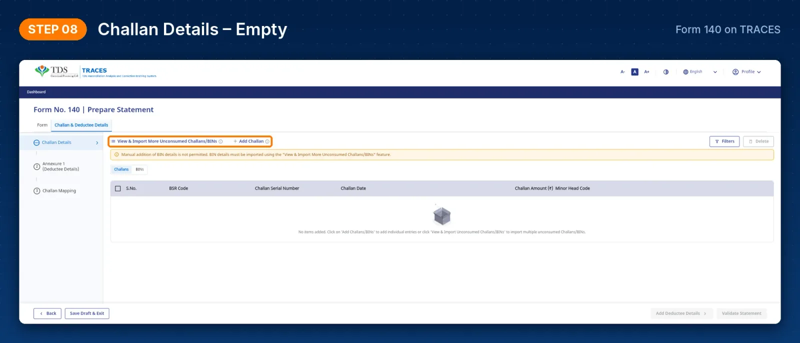 TRACES Form 140 – Challan Details tab with View & Import and Add Challan options