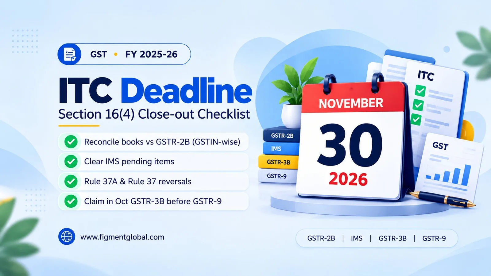 GST ITC deadline 30 November 2026 calendar with FY 2025-26 invoice reconciliation checklist for GSTR-2B and GSTR-3B