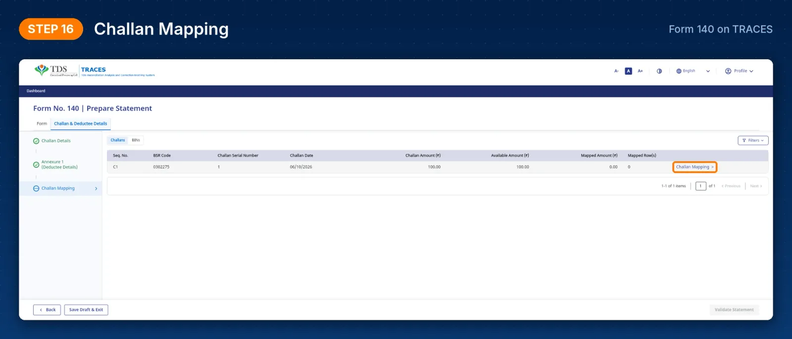 TRACES Form 140 – Challan Mapping link against the added challan
