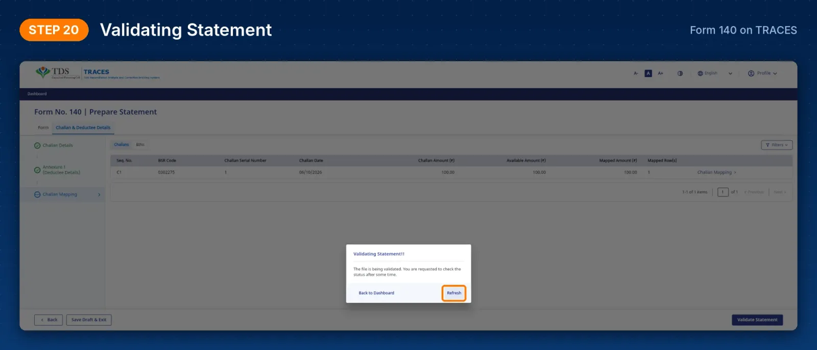 TRACES Form 140 – Validating Statement message with Refresh button