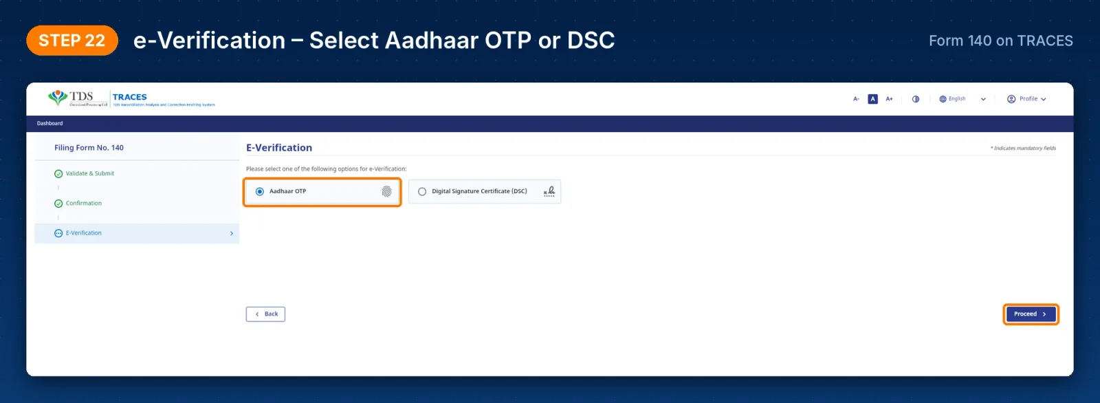 TRACES Form 140 – e-verification options Aadhaar OTP or DSC