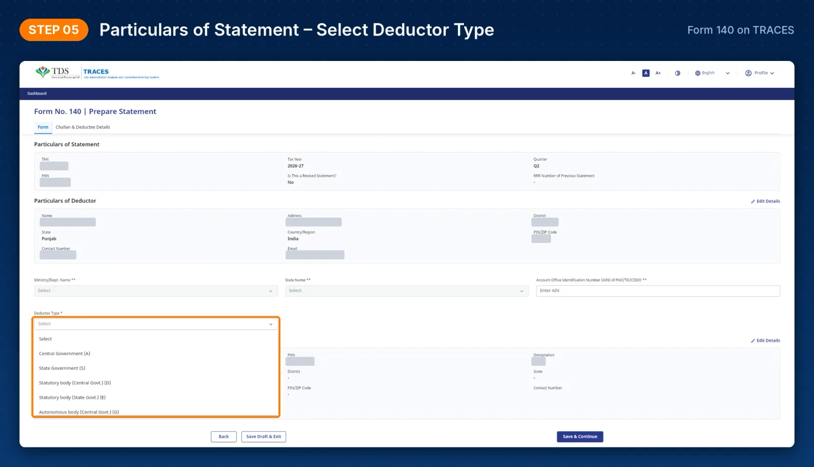 TRACES Form 140 – particulars of statement and deductor type dropdown