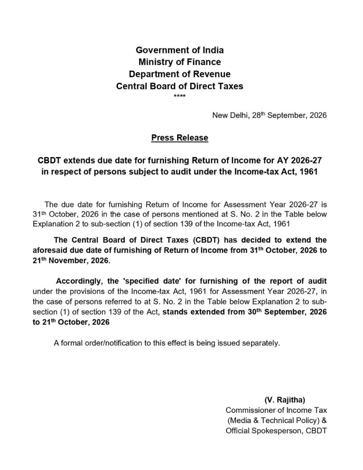 CBDT press release extending the tax audit due date and ITR due date for AY 2026-27