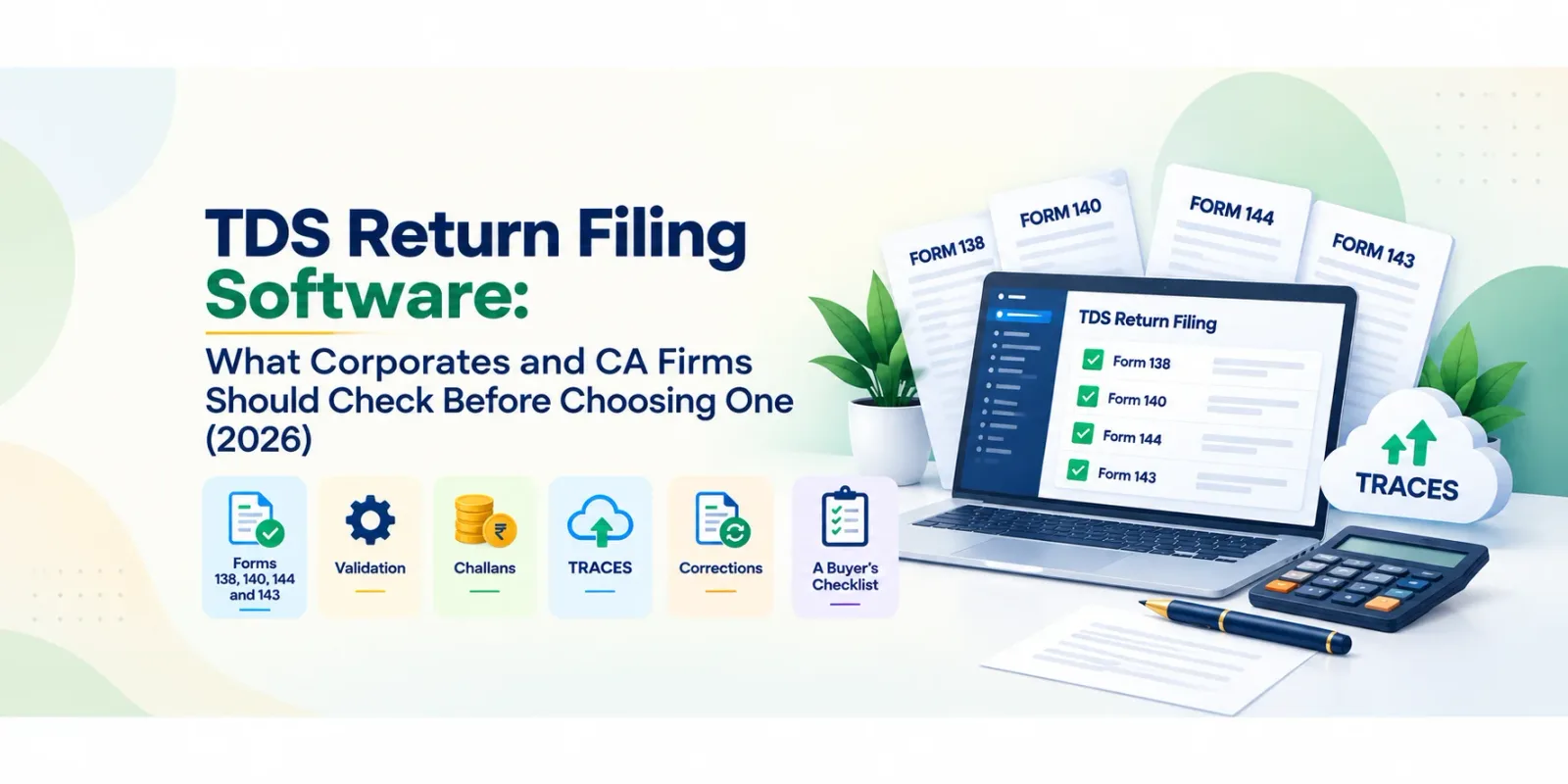TDS return filing software checklist for Forms 138, 140, 144 and 143 with validation, challan and TRACES checks