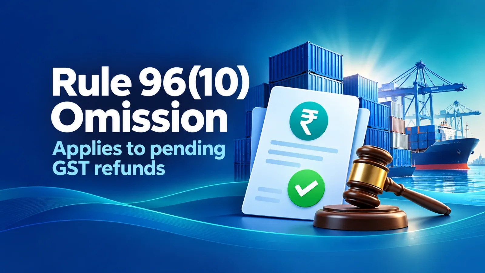 Export shipping containers and a GST refund document with a court gavel, showing the Rule 96(10) ruling for pending refunds